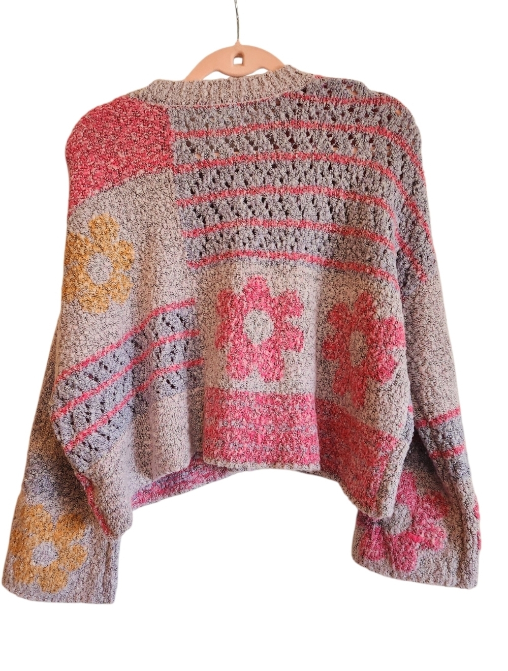 Sincerely Jules Patchwork Floral Knit Bell Sleeve Sweater Sz L Relaxed Boxy Fit - Picture 2 of 11